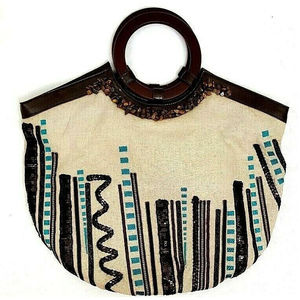 Chicos Womens Purse Beaded Embroidery Sequin Bag Wood Handles Tan Blue